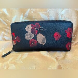Coach accordion zip wallet - black coated canvas w/red & tan flower print